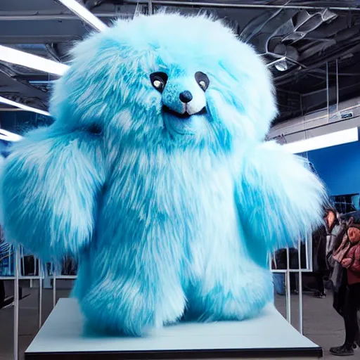 Image similar to nike fluffy monster made of very fluffy blue faux fur placed on reflective surface, professional advertising, overhead lighting, heavy detail, realistic by nate vanhook, mark miner