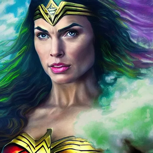 Image similar to highly detailed painting of wonder woman floating in the center, white hair, glowing green eyes, dark blue to white center background, 4 k, ultra realistic,