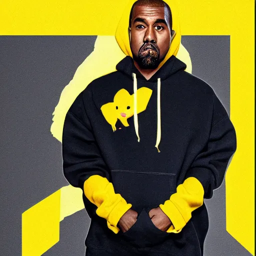 Image similar to Kanye West in a yellow pikachu! hoody, Studio Photograph, portrait C 12.0