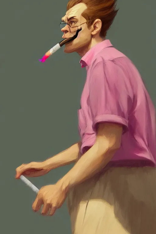 Prompt: realistic antropomorphic wolf wearing pink shirt and smoking cigarette, digital painting, artstation, concept art, smooth, sharp focus, illustration, art by artgerm, james jean, jean giraud, edward hopper, gaston bussiere and greg rutkowski