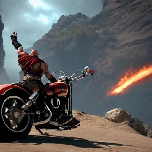 Image similar to kratos jumping a black harley - davidson motorcycle off a cliff, cinematic render, playstation studios official media, god of war 2 0 1 8, flames, centered