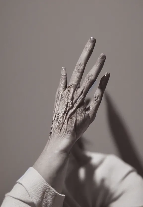 Image similar to a photo of one ultra detailed photorealistic woman's hand with palm up, back of hand on the table, palm pattern visible, instagram photo, studio photo, 9 0 mm, f / 1. 4