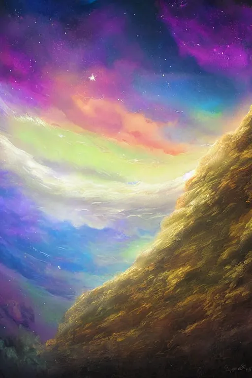 Prompt: digital painting beautiful cosmic sky cliff childs