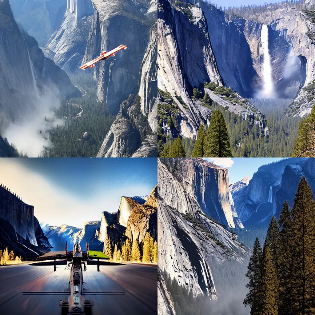 Prompt: An X-Wing flying through Yosemite Valley, film still from Top Gun (2022)