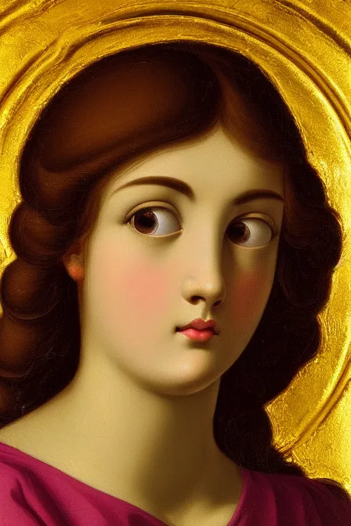 Image similar to Beautiful girl, calm face, closeup, ultra detailed, made in gold, Guido Reni style