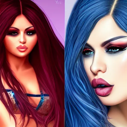 Prompt: portait of haifa wehbe, perfect lips licking tongue, long hair blue centred, hd, very detailed curve, digital painting, unreal engine, final fantasy style, amazing blue background theme