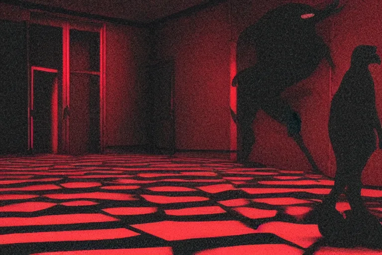 Image similar to cctv footage of an extremely dark empty room with evil horror humanoid cryptid monster made out of static, dark deep black shadows, crimson red and black color contrast in the style of trevor henderson and james ensor goya, liminal space, 3 d render, glitch effect