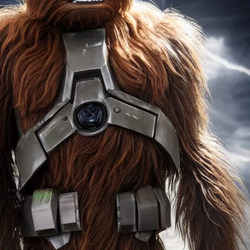 Image similar to chewbacca as master chief, highly detailed, extremely high quality, hd, 4 k, 8 k, canon 3 0 0 mm, professional photographer, 4 0 mp, lifelike, top - rated, award winning, realistic, detailed lighting, detailed shadows, sharp, no blur, edited, corrected, trending