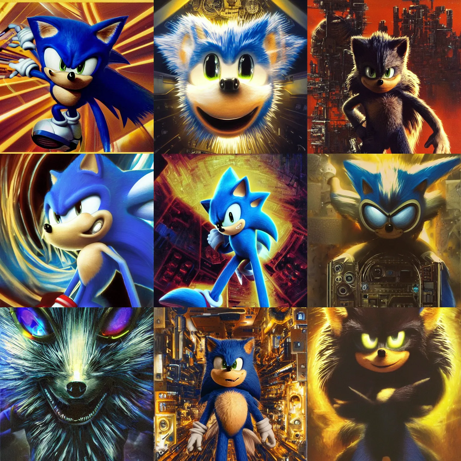 Prompt: portrait of sonic the hedgehog made of The first artificial general intelligence - award-winning digital artwork by Azimov, John Harris, H. R. Giger, and John Berkey. Stunning lighting, sonic the hedgehog 1980s, 1986