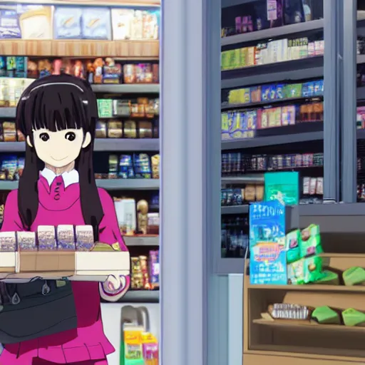 Prompt: At the end of the world, a high school girl holding and looking at a box of chocolates inside a convenience store, Makoto Shinkai style