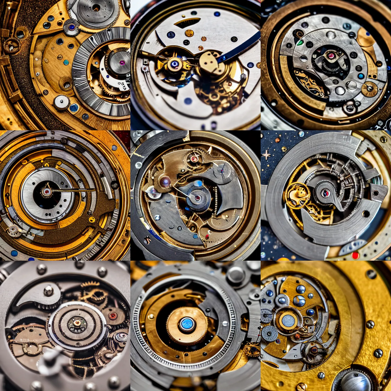 Prompt: Macro photograph of a watch mechanism made of planets, moons, miniature cosmos, complexity