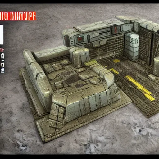 Image similar to 40k Tau empire bunker. Tao coalition. Greater good gromdark bunker. 3d printable wargaming terrain. High resolution render. CGSociety.