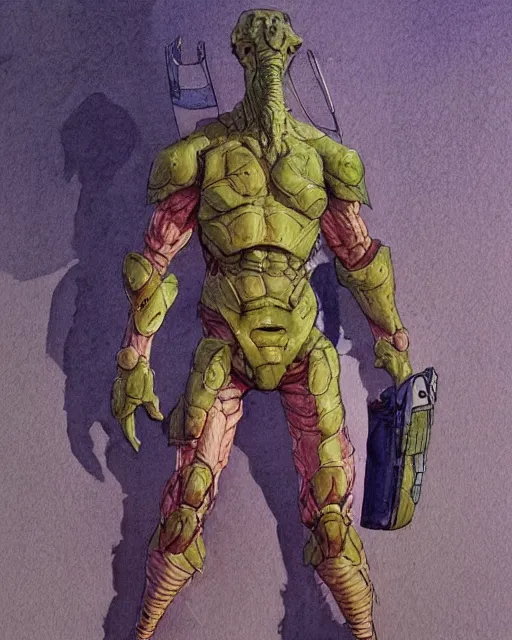 Image similar to a watercolor painting full body character portrait of a humanoid dinosaur soldier in the style of moebius in the style of leonard boyarsky trending on artstation deviantart pinterest detailed photorealistic highlights and shadow hd 8 k post - processing high resolution
