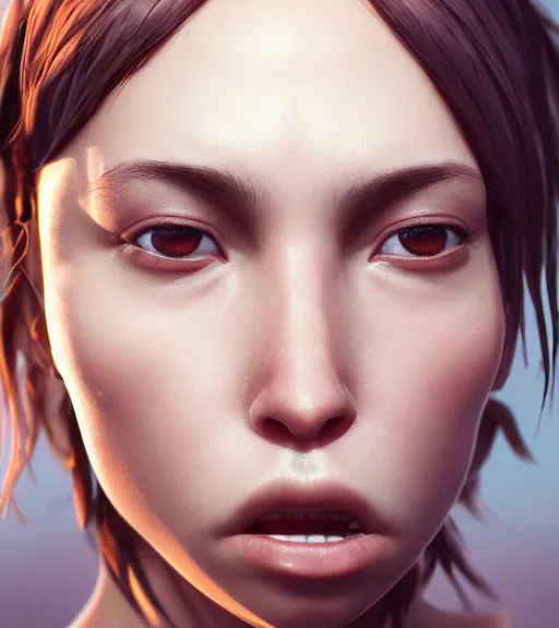 Image similar to highly detailed macro shot of a female portrait with a look of disgust, unreal engine, loish, rhads, makoto shinkai and tom bagshaw, reflective global illumination, god rays, detailed and intricate environment