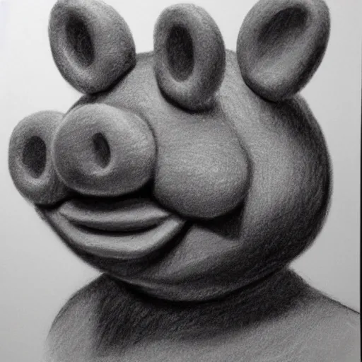 Prompt: a horror version of miss piggy, pencil and charcoal, portrait, Mood is menacing and frightening. She grins widely.