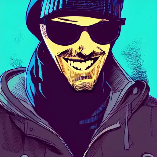 Prompt: a full body character design guy denning, tim doyle, laurie greasley green ska grungy hooded sunglasses handsome smiling figure heroic!! two guns!! nunchucks!! bold outline sharp edges. elegant, neon colors, dynamic angle, intricate complexity, epic composition, symmetry, cinematic lighting masterpiece