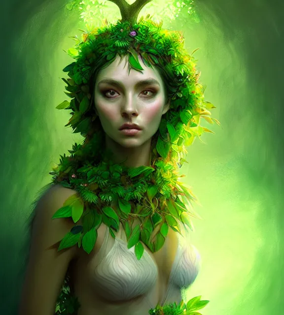 Prompt: beautiful female druid wearing green leaf halter top transforming into a tree, perfect face, dark green leaf hair, with abs, cinematic, blush, stunning, elegant, highly detailed, psychedelic, digital painting, artstation, smooth, hard focus, illustration, art by jessica rossier and and brian froud