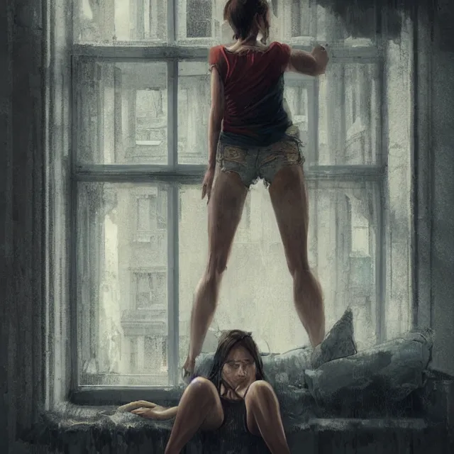 Image similar to window, woman, buildings, surprise, scared, couch by wlop, artgerm, greg rutkowski, evocative, highly detailed