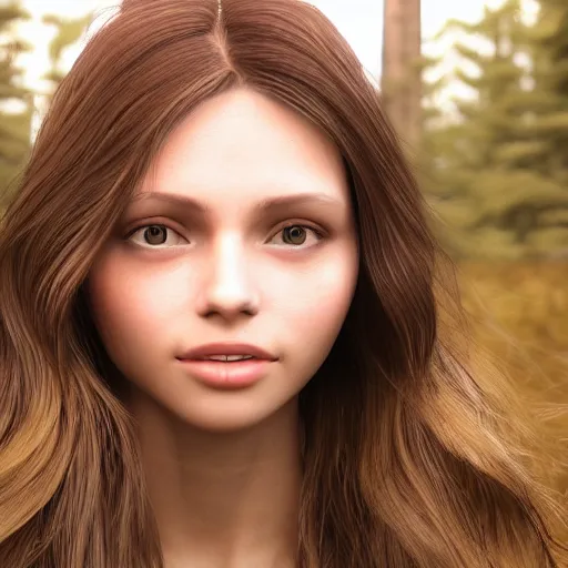 Prompt: real life photo of a beautiful girl, full body photoshoot, long brown hair, brown eyes, full round face, short smile, long sleeved belly free brown shirt, forest setting, cinematic lightning, medium shot, mid - shot, highly detailed, trending on artstation, unreal engine 4 k, 8 0 mm, 8 5 mm, cinematic wallpaper