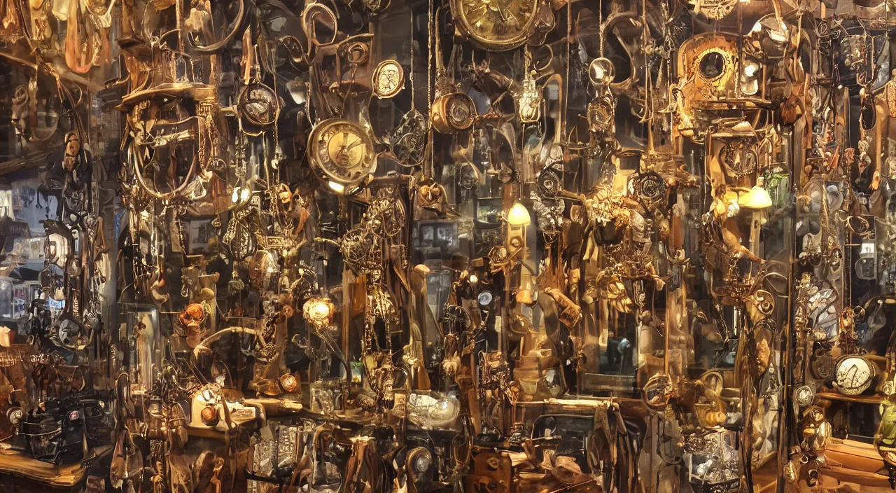 Prompt: closeup of a steampunk shop window by don bluth, photo realistic, tv screens, filled with interesting oddities, things hanging from ceiling, light bulbs, cinematic
