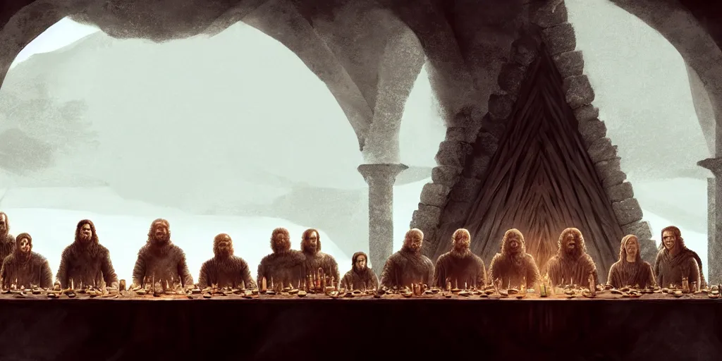 Image similar to game of thrones last supper by beeple and greg rutkowski, digital painting, trending on artstation, sharp focus, 4 k