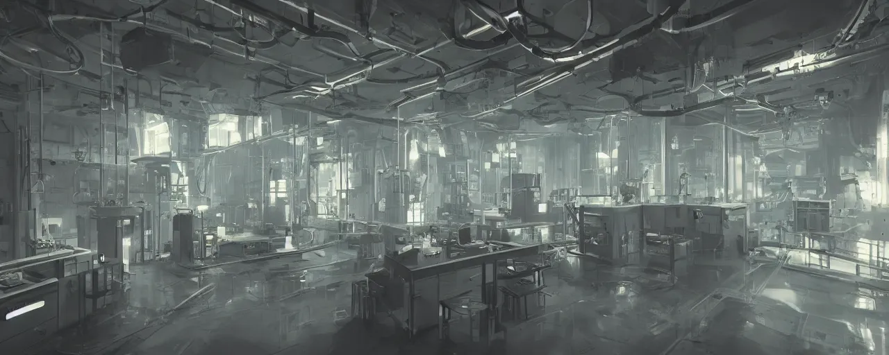 Image similar to interior of a lab with a reactor in the middle of the room and lots of wirings hanging from ceiling and pipes in the walls with big exhaust fan on the wall scifi, 8 k uhd, unreal engine, octane render in the artstyle of finnian macmanus, john park and greg rutkowski