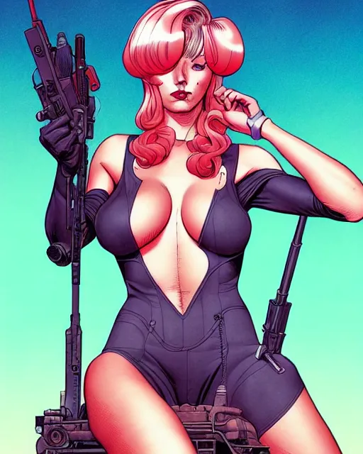 Image similar to comic cover art of a seductive girl sitting on a missile, inspired by gunsmith cats and tank girl, illustration by jenny frison and sana takeda, intricate details, stunning inking lines, stunning gradient colors, 4 k, hd, artstation