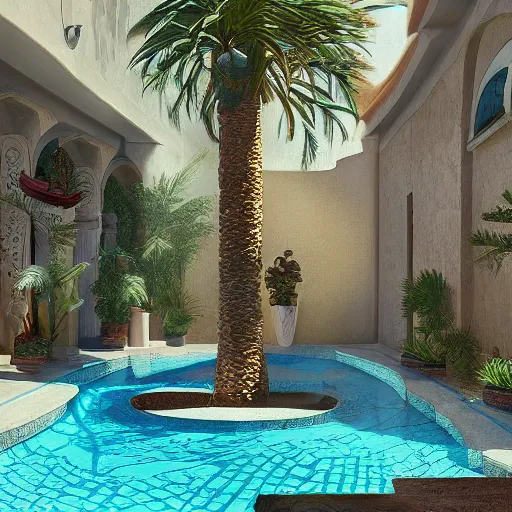 Prompt: arriving into a mediterranean courtyard with a palm tree and pool in the center, digital illustration, 8 k by moebius