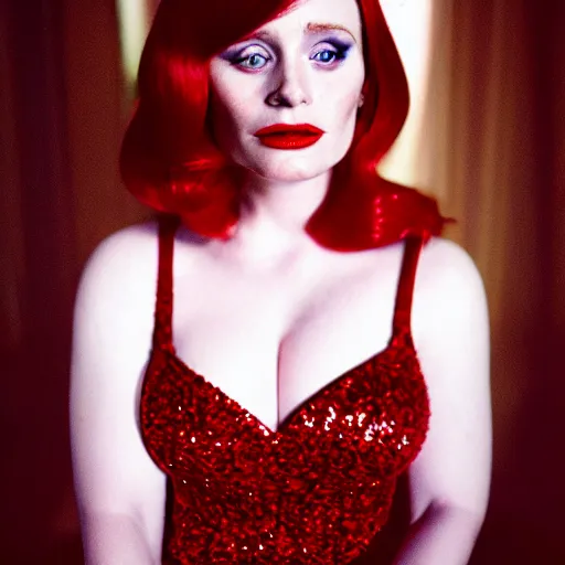 Image similar to film portrait, fine art photography of bryce dallas howard as jessica rabbit, head and shoulders photography. red sequin ballgown dress. kodak ektar 4 0 0. canon f 1. 2. detailed, realistic