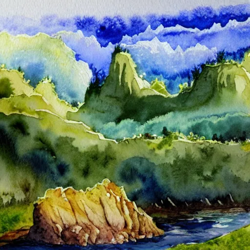 Image similar to detailed watercolor of a lush natural scene on an alien planet by stephen quiller. beautiful landscape. weird colourful vegetation. cliffs and water.