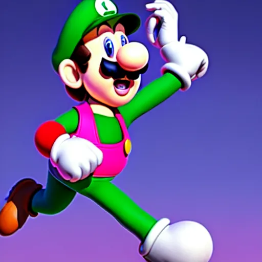 Image similar to luigi from super mario wearing a pink dress, studio ghibli, pixar and disney animation, sharp, rendered in unreal engine 5, highly detailed, digital painting, artstation, concept art, smooth, sharp focus, illustration, wide angle, artbook, splash art, dramatic lighting, art by artgerm and greg rutkowski and bo chen and jin xiaodi