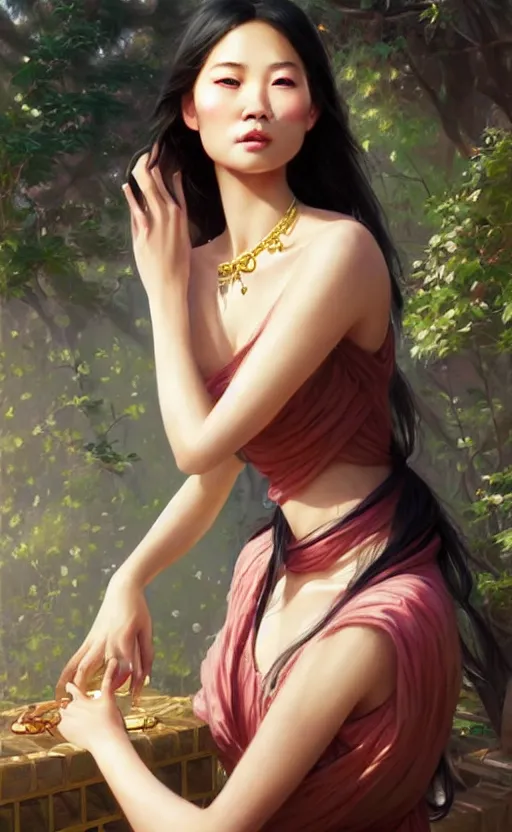 Image similar to a beautiful young charming asian goddess with sundress and jewelry | | winter, realistic shaded, unpleasant face, good looking, fine details, dior, lv, realistic shaded lighting poster by greg rutkowski, macoto takahashi, magali villeneuve, artgerm, jeremy lipkin and michael garmash