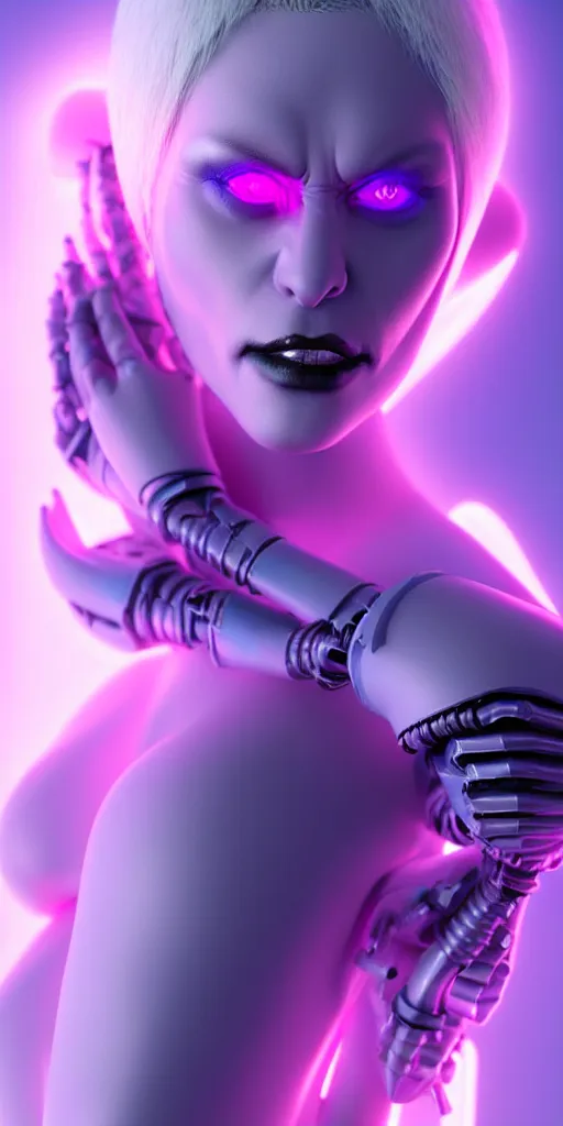 Prompt: matte painting close-up high quality render of gothic cyborg woman with white hair and pearlescent blue skin key sage wayne barlowe very soft pink neon lighting on one side wide angle 35mm shallow depth of field 8k