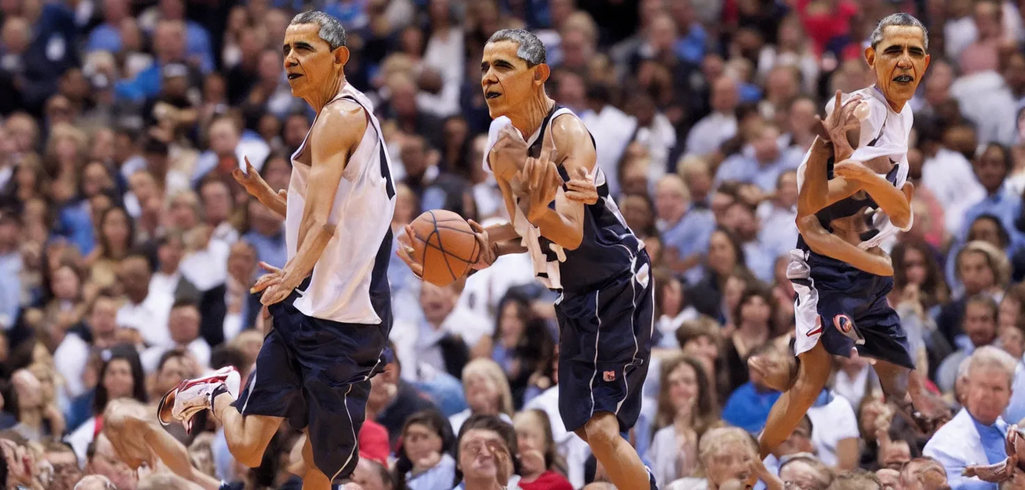 Prompt: extremely detailed photorealistic picture of Obama playing basketball