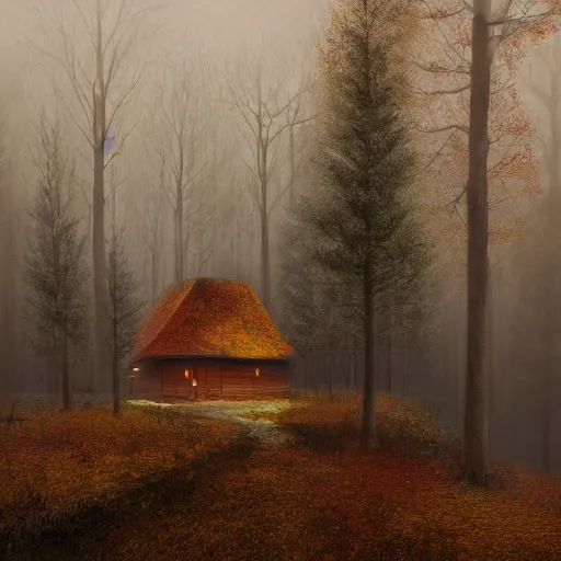 Image similar to an old hut in an autumn forest, shaman is near, green and brown tones, by Aron Wiesenfeld and beksincki, cinematic, detailed illustration, nature, fog, dark colors, suspense, intricate, 8k