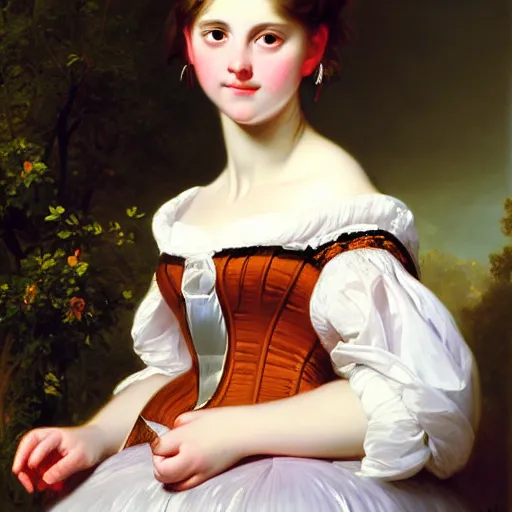 Image similar to portrait of a german teenage princess, circa 1 8 5 0 by franz xaver winterhalter, highly detailed, beautiful, oil on canvas, 1 8 5 0 s, romanticism