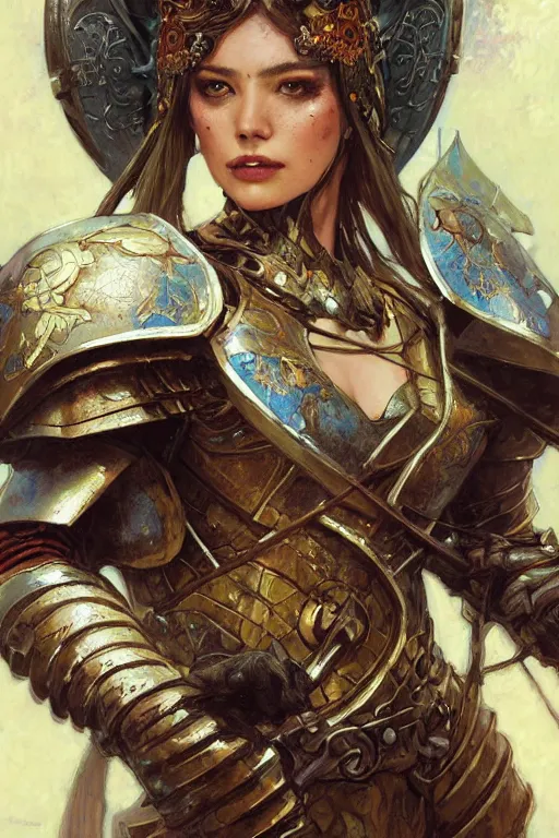 Prompt: closeup portrait of a beautiful mysterious woman warrior wearing an armour costume and helmet, fantasy, regal, intricate, by stanley artgerm lau, greg rutkowski, thomas kinkade, alphonse mucha, loish, norman rockwell