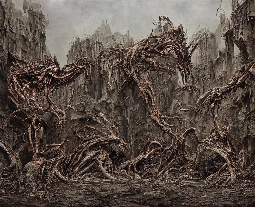 Prompt: Giant Culicidae monster flying in the road of the ruined city. Drops of blood and meat with veins on the road. Ruins. Dark colors, high detail, hyperrealism, horror art, 8k, concept art, intricate details, octane render. Zdzisław Beksiński painting, art by Hans Rudolf Giger, masterpiece