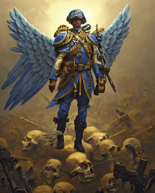 Image similar to A military soldier with angel wings with a blue and yellow flag behind him is standing on a pile of skulls in triumph after the battle, D&D, fantasy, intricate, elegant, highly detailed, digital painting, artstation, concept art, matte, sharp focus, illustration, hearthstone, art by Artgerm and Greg Rutkowski and Alphonse Mucha