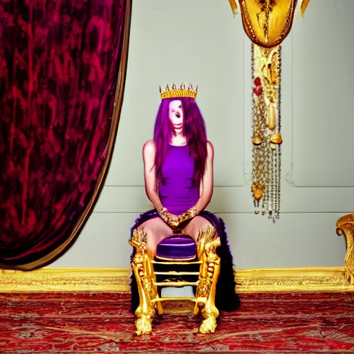 Prompt: A 4k photo skinny woman with purple hair wearing a crown, sitting in a red throne in a dark room.