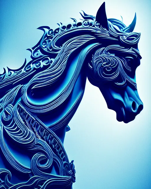 Image similar to 3 d ornate carved horse with profile portrait, sigma 5 0 0 mm f / 5. beautiful intricate highly detailed horse. bioluminescent, plasma, lava, ice, water, wind, creature, thunderstorm! artwork by tooth wu and wlop and beeple and greg rutkowski, 8 k trending on artstation