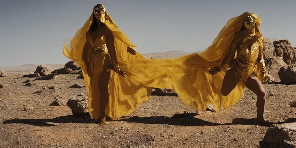Image similar to levitating dressed woman with full - face golden mask in a dry rocky desert landscape, floating rocks, levitating rocks, visible sky and sunny atmosphere, fata morgana and giant square mirrors by alejandro jodorowsky, anamorphic lens, kodakchrome, practical effects, masterpiece, 8 k