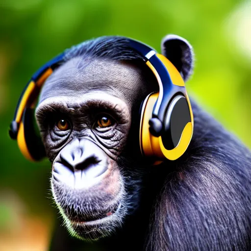 Image similar to a high quality photo of a green chimp wearing headphones, realism, 8k