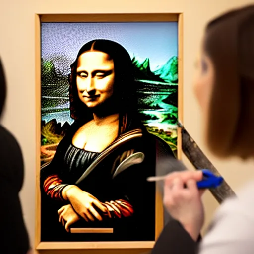 Image similar to A woman that looks like Mona Lisa is painting a portrait of Lenoardo da Vinci in a workshop