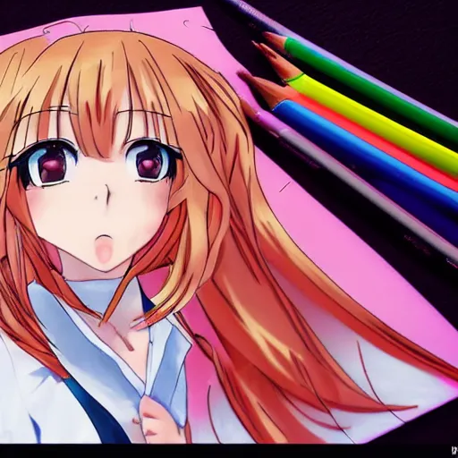 Image similar to Anime Girl. High-Angle shot. 2d Anime Manga drawing. Sharp colors, detailed.