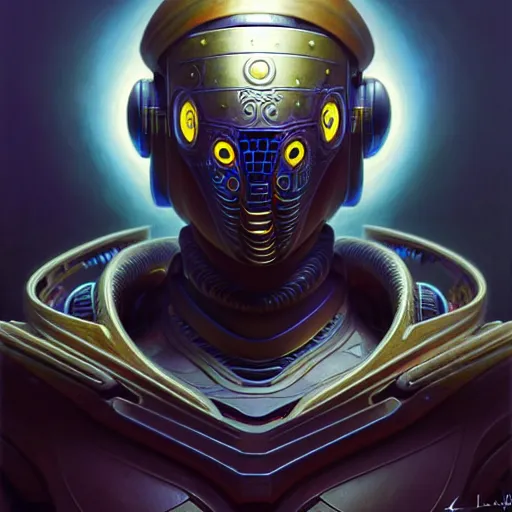 Image similar to low angle shot of a cyberpunk gazmask robot character, intricate, elegant, highly detailed, centered, digital painting, artstation, concept art, smooth, sharp focus, illustration, artgerm, Tomasz Alen Kopera, Peter Mohrbacher, donato giancola, Joseph Christian Leyendecker, WLOP, Boris Vallejo