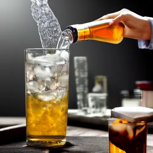 Prompt: Beautiful product photo of an effervescent soft drink being poured into glass -n 5 -c 8