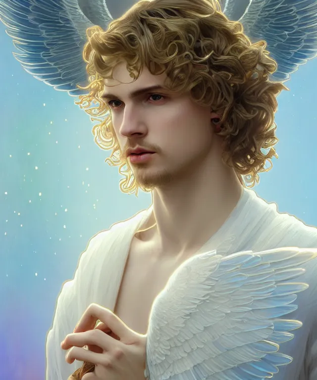 Prompt: symmetrical fullbody portrait of a beautiful young fit male angel with curly blond hairs, dressed in long fluent clothes, majestic big dove wings, luminous halo, by greg rutkowski and alphonse mucha, gradient white to gold, in front of an iridescent background, highly detailed portrait, digital painting, artstation, concept art, smooth, sharp focus illustration