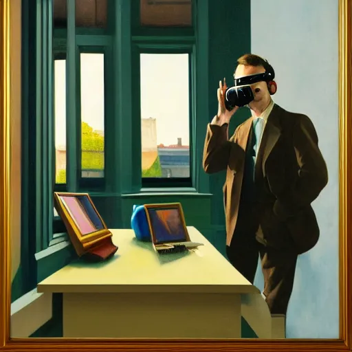 Image similar to A fine art painting of a man wearing Vr goggles and creating the metaverse at a desk through a window on a British street. In the style of Edward Hopper and Wes Anderson