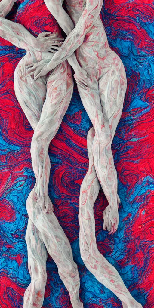 Prompt: bodies made of swirling fabric, two human bodies cuddling